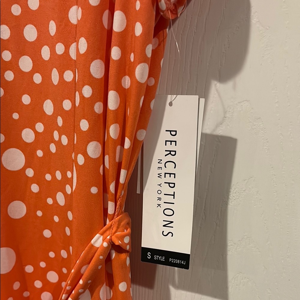 NWT Perceptions Coral and White Polka Dot Midi Dress - Picture 3 of 11